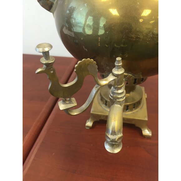 Antique Vintage Russian Brass Samovar Wood Handles Peacock Rooster Spout - Picture 4 of 10
